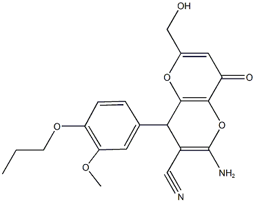 2-amino-6-(hydroxymethyl)-4-(3-methoxy-4-propoxyphenyl)-8-oxo-4,8-dihydropyrano[3,2-b]pyran-3-carbonitrile Struktur