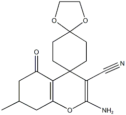 2-amino-7-methyl-5-oxo-5,6,7,8-tetrahydro-4H-chromene-3-carbonitrile-4-spiro-7'-  (1',4'-dioxaspiro[4.5]decane) Struktur