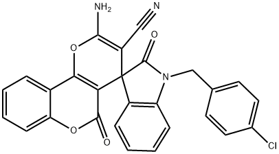 2-amino-1'-(4-chlorobenzyl)-3-cyano-1',3'-dihydro-5-oxospiro(4H,5H-pyrano[3,2-c]chromene-4,3'-[2'H]indole)-2'-one Struktur