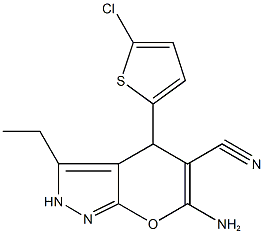 6-amino-4-(5-chloro-2-thienyl)-3-ethyl-2,4-dihydropyrano[2,3-c]pyrazole-5-carbonitrile Struktur