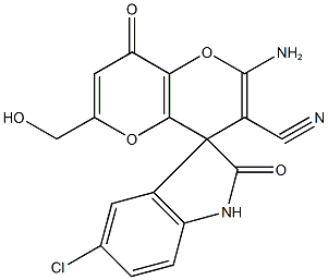 2-amino-6-(hydroxymethyl)-8-oxo-4,8-dihydropyrano[3,2-b]pyran-3-carbonitrile-4-spiro-3'-(5'-chloro-1',3'-dihydro-2'H-indol-2'-one) Struktur