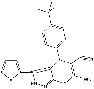 6-amino-4-(4-tert-butylphenyl)-3-(2-thienyl)-2,4-dihydropyrano[2,3-c]pyrazole-5-carbonitrile Struktur