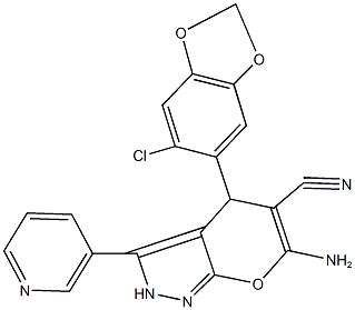 6-amino-4-(6-chloro-1,3-benzodioxol-5-yl)-3-(3-pyridinyl)-2,4-dihydropyrano[2,3-c]pyrazole-5-carbonitrile Struktur