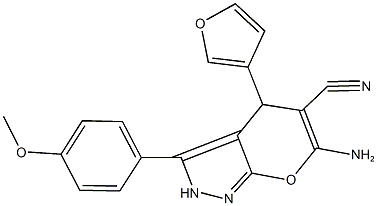 6-amino-4-(3-furyl)-3-(4-methoxyphenyl)-2,4-dihydropyrano[2,3-c]pyrazole-5-carbonitrile Struktur