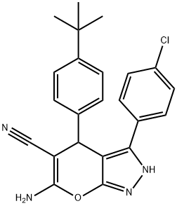 6-amino-4-(4-tert-butylphenyl)-3-(4-chlorophenyl)-2,4-dihydropyrano[2,3-c]pyrazole-5-carbonitrile Struktur