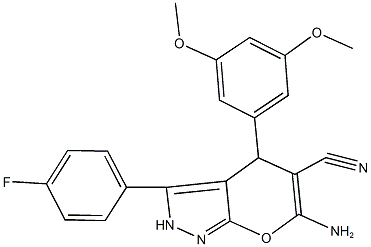 6-amino-4-(3,5-dimethoxyphenyl)-3-(4-fluorophenyl)-2,4-dihydropyrano[2,3-c]pyrazole-5-carbonitrile Struktur