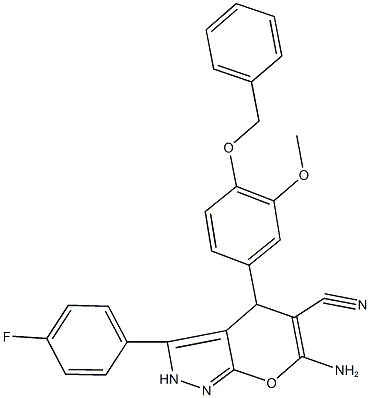 6-amino-4-[4-(benzyloxy)-3-methoxyphenyl]-3-(4-fluorophenyl)-2,4-dihydropyrano[2,3-c]pyrazole-5-carbonitrile Struktur