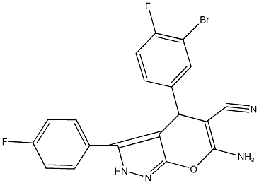 6-amino-4-(3-bromo-4-fluorophenyl)-3-(4-fluorophenyl)-2,4-dihydropyrano[2,3-c]pyrazole-5-carbonitrile Struktur