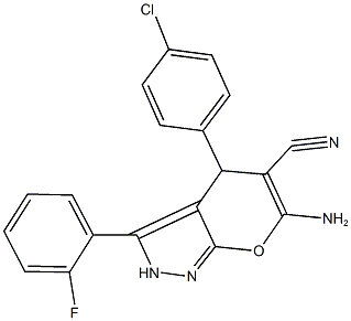 6-amino-4-(4-chlorophenyl)-3-(2-fluorophenyl)-2,4-dihydropyrano[2,3-c]pyrazole-5-carbonitrile Struktur