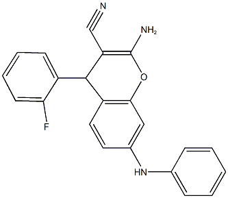 2-amino-7-anilino-4-(2-fluorophenyl)-4H-chromene-3-carbonitrile Struktur