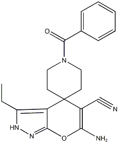 6-amino-3-ethyl-2,4-dihydropyrano[2,3-c]pyrazole-5-carbonitrile-4-spiro-4'-(1'-benzoylpiperidine ) Struktur