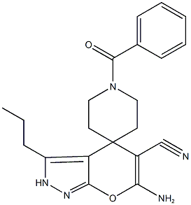 6-amino-3-propyl-2,4-dihydropyrano[2,3-c]pyrazole-5-carbonitrile-4-spiro-4'-(1'-benzoylpiperidine) Struktur