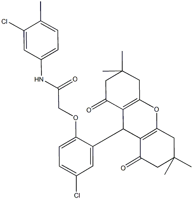 N-(3-chloro-4-methylphenyl)-2-[4-chloro-2-(3,3,6,6-tetramethyl-1,8-dioxo-2,3,4,5,6,7,8,9-octahydro-1H-xanthen-9-yl)phenoxy]acetamide Struktur