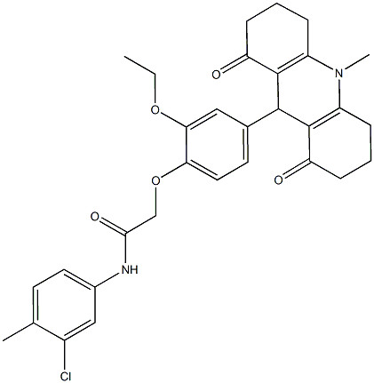 N-(3-chloro-4-methylphenyl)-2-[2-ethoxy-4-(10-methyl-1,8-dioxo-1,2,3,4,5,6,7,8,9,10-decahydro-9-acridinyl)phenoxy]acetamide Struktur