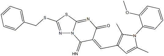 2-(benzylsulfanyl)-5-imino-6-{[1-(2-methoxyphenyl)-2,5-dimethyl-1H-pyrrol-3-yl]methylene}-5,6-dihydro-7H-[1,3,4]thiadiazolo[3,2-a]pyrimidin-7-one Struktur