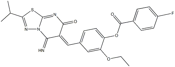 2-ethoxy-4-[(5-imino-2-isopropyl-7-oxo-5H-[1,3,4]thiadiazolo[3,2-a]pyrimidin-6(7H)-ylidene)methyl]phenyl 4-fluorobenzoate Struktur