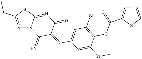 2-chloro-4-[(2-ethyl-5-imino-7-oxo-5H-[1,3,4]thiadiazolo[3,2-a]pyrimidin-6(7H)-ylidene)methyl]-6-methoxyphenyl 2-thiophenecarboxylate Struktur