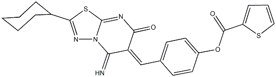 4-[(2-cyclohexyl-5-imino-7-oxo-5H-[1,3,4]thiadiazolo[3,2-a]pyrimidin-6(7H)-ylidene)methyl]phenyl thiophene-2-carboxylate Struktur