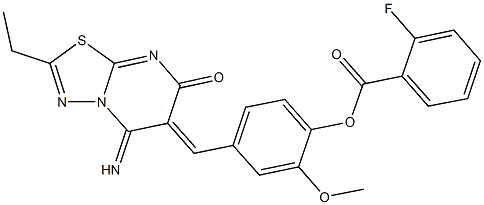 4-[(2-ethyl-5-imino-7-oxo-5H-[1,3,4]thiadiazolo[3,2-a]pyrimidin-6(7H)-ylidene)methyl]-2-methoxyphenyl 2-fluorobenzoate Struktur