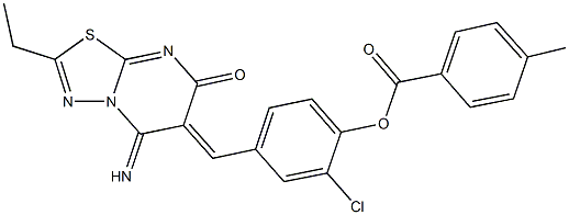 2-chloro-4-[(2-ethyl-5-imino-7-oxo-5H-[1,3,4]thiadiazolo[3,2-a]pyrimidin-6(7H)-ylidene)methyl]phenyl 4-methylbenzoate Struktur