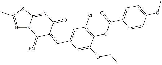 2-chloro-6-ethoxy-4-[(5-imino-2-methyl-7-oxo-5H-[1,3,4]thiadiazolo[3,2-a]pyrimidin-6(7H)-ylidene)methyl]phenyl 4-methoxybenzoate Struktur