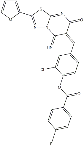 2-chloro-4-[(2-(2-furyl)-5-imino-7-oxo-5H-[1,3,4]thiadiazolo[3,2-a]pyrimidin-6(7H)-ylidene)methyl]phenyl 4-fluorobenzoate Struktur