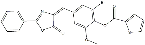 2-bromo-6-methoxy-4-[(5-oxo-2-phenyl-1,3-oxazol-4(5H)-ylidene)methyl]phenyl 2-thiophenecarboxylate Struktur