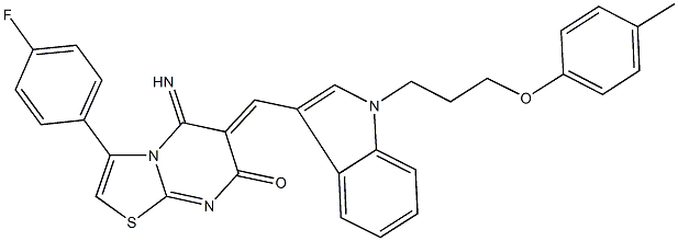 3-(4-fluorophenyl)-5-imino-6-({1-[3-(4-methylphenoxy)propyl]-1H-indol-3-yl}methylene)-5,6-dihydro-7H-[1,3]thiazolo[3,2-a]pyrimidin-7-one Struktur