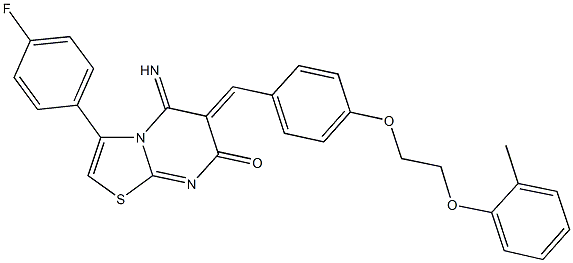 3-(4-fluorophenyl)-5-imino-6-{4-[2-(2-methylphenoxy)ethoxy]benzylidene}-5,6-dihydro-7H-[1,3]thiazolo[3,2-a]pyrimidin-7-one Struktur