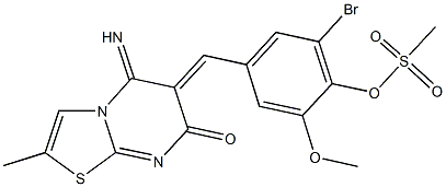 2-bromo-4-[(5-imino-2-methyl-7-oxo-5H-[1,3]thiazolo[3,2-a]pyrimidin-6(7H)-ylidene)methyl]-6-methoxyphenyl methanesulfonate Struktur