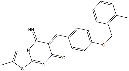 5-imino-2-methyl-6-{4-[(2-methylbenzyl)oxy]benzylidene}-5,6-dihydro-7H-[1,3]thiazolo[3,2-a]pyrimidin-7-one Struktur