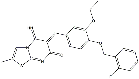 6-{3-ethoxy-4-[(2-fluorobenzyl)oxy]benzylidene}-5-imino-2-methyl-5,6-dihydro-7H-[1,3]thiazolo[3,2-a]pyrimidin-7-one Struktur