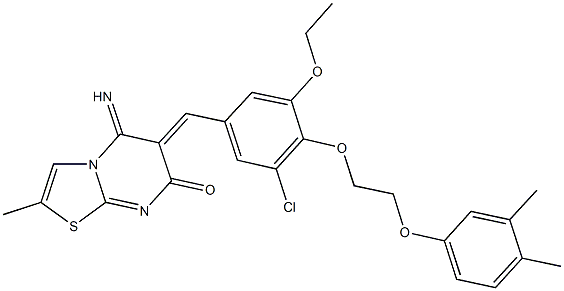 6-{3-chloro-4-[2-(3,4-dimethylphenoxy)ethoxy]-5-ethoxybenzylidene}-5-imino-2-methyl-5,6-dihydro-7H-[1,3]thiazolo[3,2-a]pyrimidin-7-one Struktur