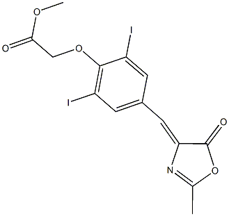 methyl {2,6-diiodo-4-[(2-methyl-5-oxo-1,3-oxazol-4(5H)-ylidene)methyl]phenoxy}acetate Struktur