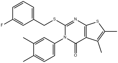 3-(3,4-dimethylphenyl)-2-[(3-fluorobenzyl)sulfanyl]-5,6-dimethylthieno[2,3-d]pyrimidin-4(3H)-one Struktur