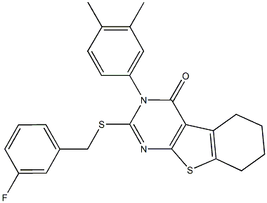 3-(3,4-dimethylphenyl)-2-[(3-fluorobenzyl)sulfanyl]-5,6,7,8-tetrahydro[1]benzothieno[2,3-d]pyrimidin-4(3H)-one Struktur