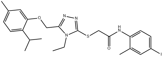 2-({4-ethyl-5-[(2-isopropyl-5-methylphenoxy)methyl]-4H-1,2,4-triazol-3-yl}sulfanyl)-N-(4-iodo-2-methylphenyl)acetamide Struktur