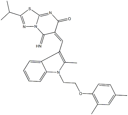 6-({1-[2-(2,4-dimethylphenoxy)ethyl]-2-methyl-1H-indol-3-yl}methylene)-5-imino-2-isopropyl-5,6-dihydro-7H-[1,3,4]thiadiazolo[3,2-a]pyrimidin-7-one Struktur