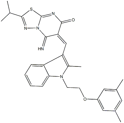 6-({1-[2-(3,5-dimethylphenoxy)ethyl]-2-methyl-1H-indol-3-yl}methylene)-5-imino-2-isopropyl-5,6-dihydro-7H-[1,3,4]thiadiazolo[3,2-a]pyrimidin-7-one Struktur