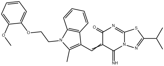 5-imino-2-isopropyl-6-({1-[2-(2-methoxyphenoxy)ethyl]-2-methyl-1H-indol-3-yl}methylene)-5,6-dihydro-7H-[1,3,4]thiadiazolo[3,2-a]pyrimidin-7-one Struktur