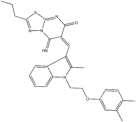 6-({1-[2-(3,4-dimethylphenoxy)ethyl]-2-methyl-1H-indol-3-yl}methylene)-5-imino-2-propyl-5,6-dihydro-7H-[1,3,4]thiadiazolo[3,2-a]pyrimidin-7-one Struktur