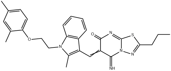 6-({1-[2-(2,4-dimethylphenoxy)ethyl]-2-methyl-1H-indol-3-yl}methylene)-5-imino-2-propyl-5,6-dihydro-7H-[1,3,4]thiadiazolo[3,2-a]pyrimidin-7-one Struktur