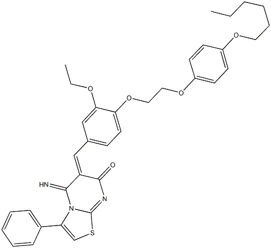 6-(3-ethoxy-4-{2-[4-(hexyloxy)phenoxy]ethoxy}benzylidene)-5-imino-3-phenyl-5,6-dihydro-7H-[1,3]thiazolo[3,2-a]pyrimidin-7-one Struktur