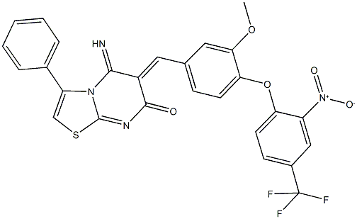 6-{4-[2-nitro-4-(trifluoromethyl)phenoxy]-3-methoxybenzylidene}-5-imino-3-phenyl-5,6-dihydro-7H-[1,3]thiazolo[3,2-a]pyrimidin-7-one Struktur