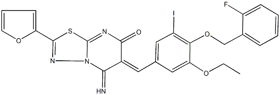 6-{3-ethoxy-4-[(2-fluorobenzyl)oxy]-5-iodobenzylidene}-2-(2-furyl)-5-imino-5,6-dihydro-7H-[1,3,4]thiadiazolo[3,2-a]pyrimidin-7-one Struktur