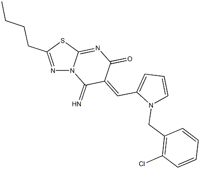 2-butyl-6-{[1-(2-chlorobenzyl)-1H-pyrrol-2-yl]methylene}-5-imino-5,6-dihydro-7H-[1,3,4]thiadiazolo[3,2-a]pyrimidin-7-one Struktur