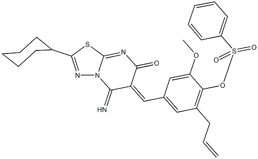 2-allyl-4-[(2-cyclohexyl-5-imino-7-oxo-5H-[1,3,4]thiadiazolo[3,2-a]pyrimidin-6(7H)-ylidene)methyl]-6-methoxyphenyl benzenesulfonate Struktur