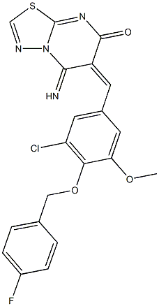 6-{3-chloro-4-[(4-fluorobenzyl)oxy]-5-methoxybenzylidene}-5-imino-5,6-dihydro-7H-[1,3,4]thiadiazolo[3,2-a]pyrimidin-7-one Struktur