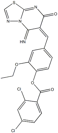 2-ethoxy-4-[(5-imino-7-oxo-5H-[1,3,4]thiadiazolo[3,2-a]pyrimidin-6(7H)-ylidene)methyl]phenyl 2,4-dichlorobenzoate Struktur