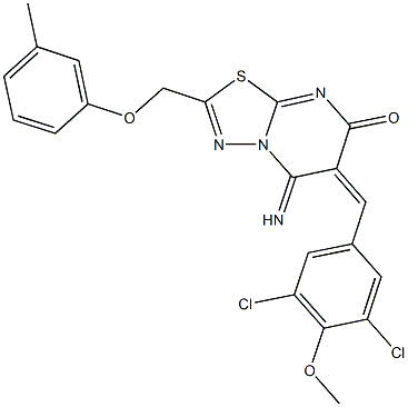 6-(3,5-dichloro-4-methoxybenzylidene)-5-imino-2-[(3-methylphenoxy)methyl]-5,6-dihydro-7H-[1,3,4]thiadiazolo[3,2-a]pyrimidin-7-one Struktur